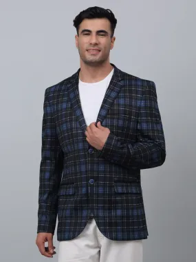 Navy Checkered Full Sleeves Casual Blazer For Men