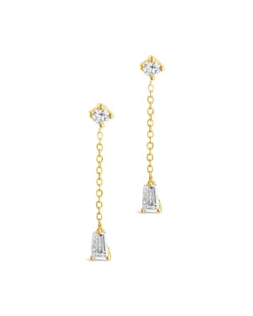 14K Gold Tapered Baguette Diamond Chain Drop Stud Earrings