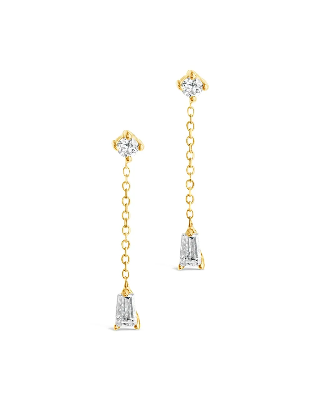 14K Gold Tapered Baguette Diamond Chain Drop Stud Earrings