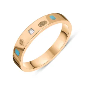 18ct Rose Gold 0.09ct Diamond Turquoise King's Coronation Hallmark Princess Cut 4mm Ring