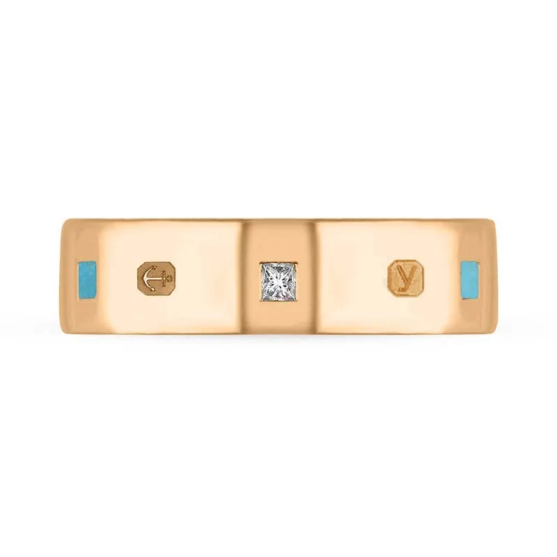 18ct Rose Gold 0.18ct Diamond Turquoise King's Coronation Hallmark Princess Cut 6mm Ring