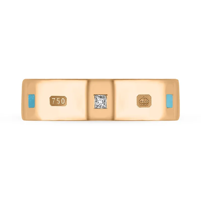 18ct Rose Gold 0.18ct Diamond Turquoise King's Coronation Hallmark Princess Cut 6mm Ring