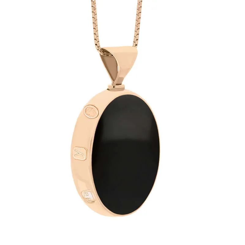 18ct Rose Gold Whitby Jet Blue John King's Coronation Hallmark Double Sided Oval Necklace