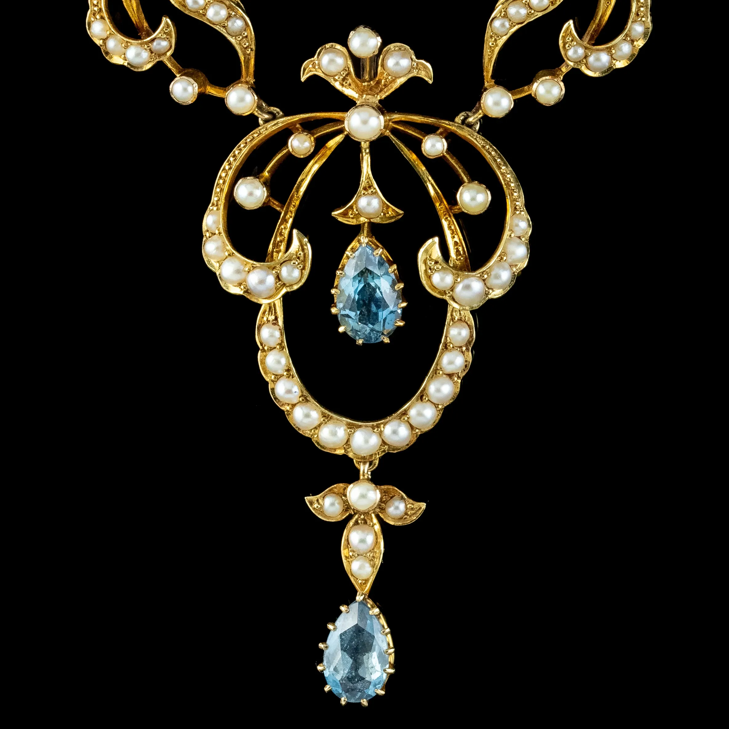 Antique Edwardian Aquamarine Pearl Lavaliere Necklace 15ct Gold