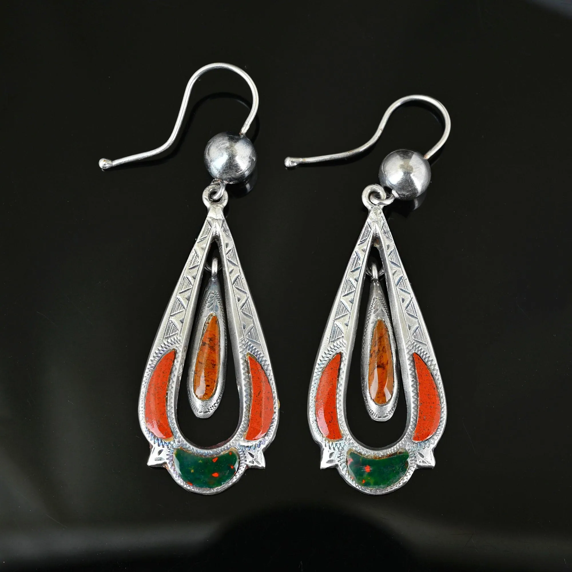 Antique Silver Bloodstone Scottish Agate Pebble Earrings