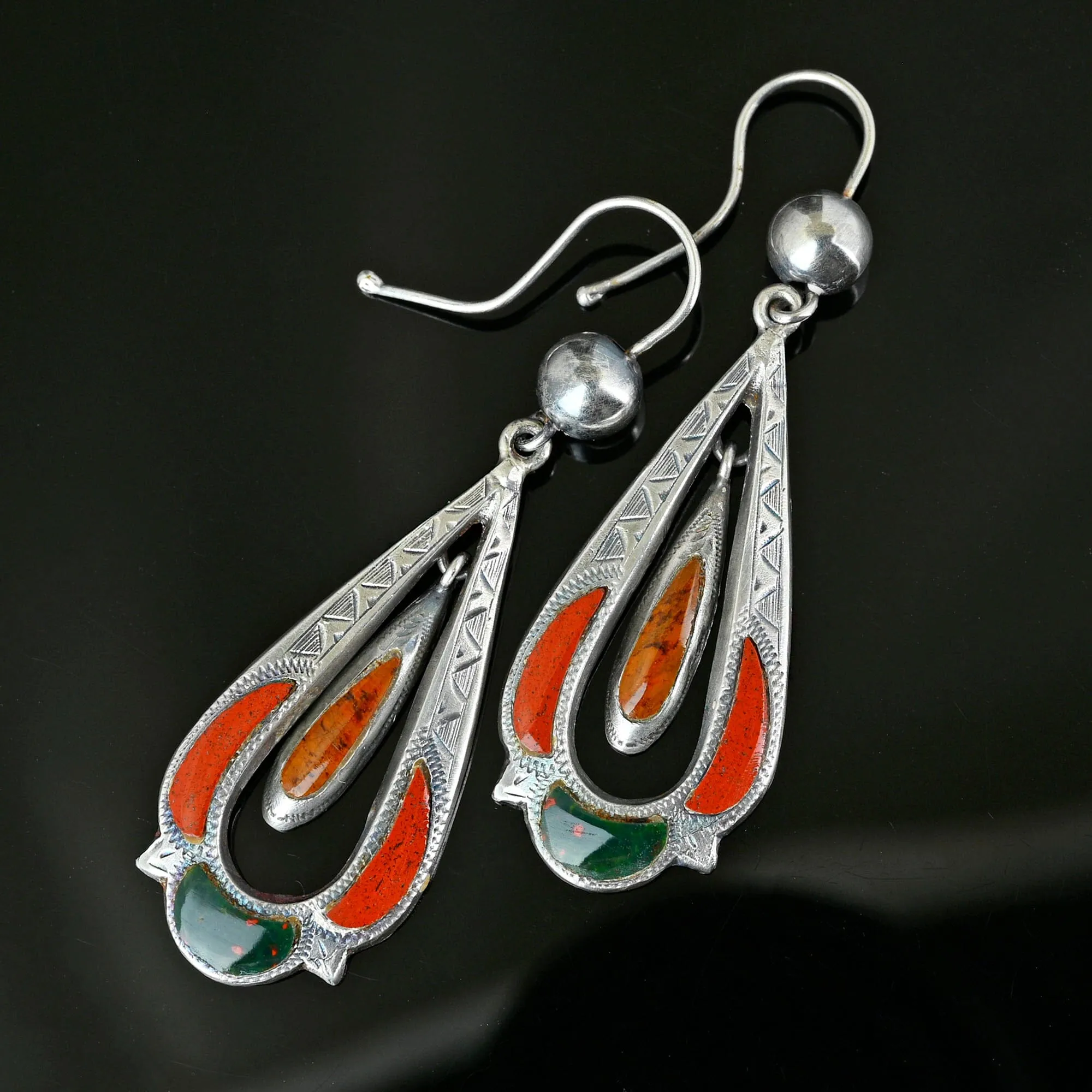 Antique Silver Bloodstone Scottish Agate Pebble Earrings