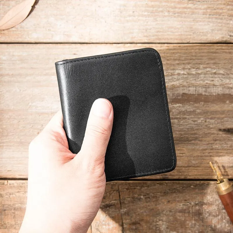 Black Cool Leather Mens Small Wallet billfold Wallet Bifold Vintage SLim Wallet for Men