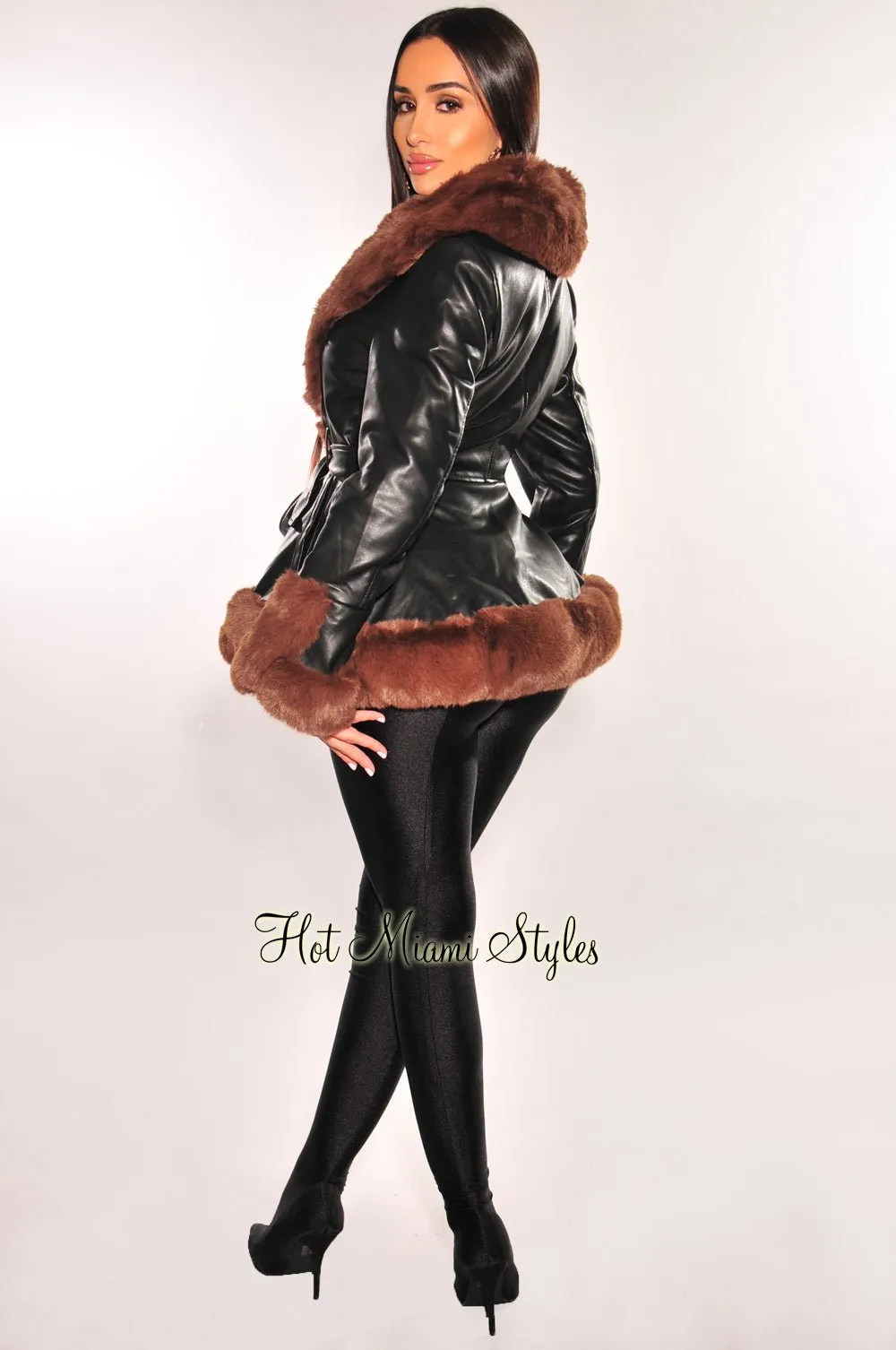 Black Faux Leather Chocolate Fur Belted Coat Jacket