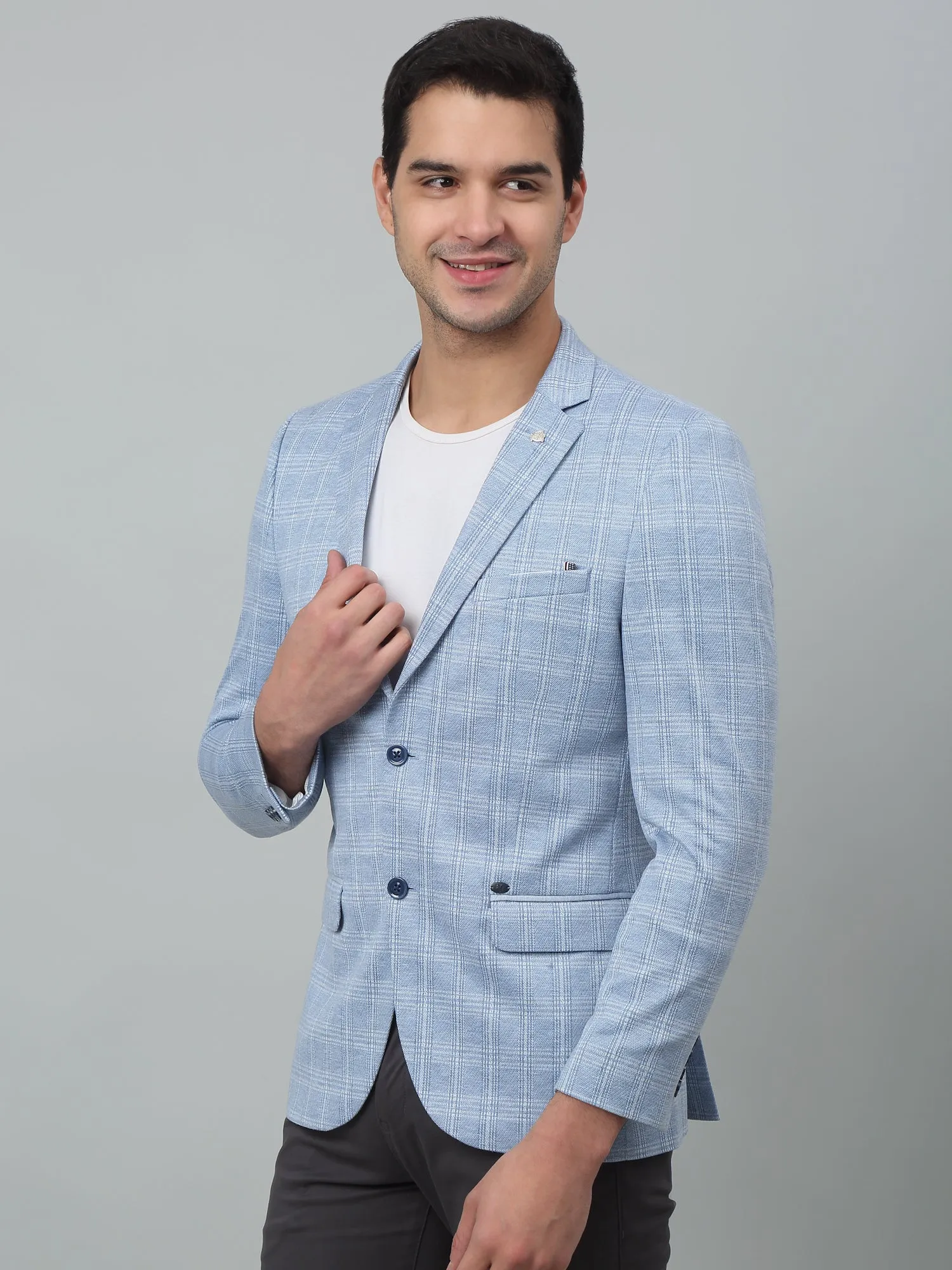 Blue Checkered Full Sleeves Casual Blazer For Men