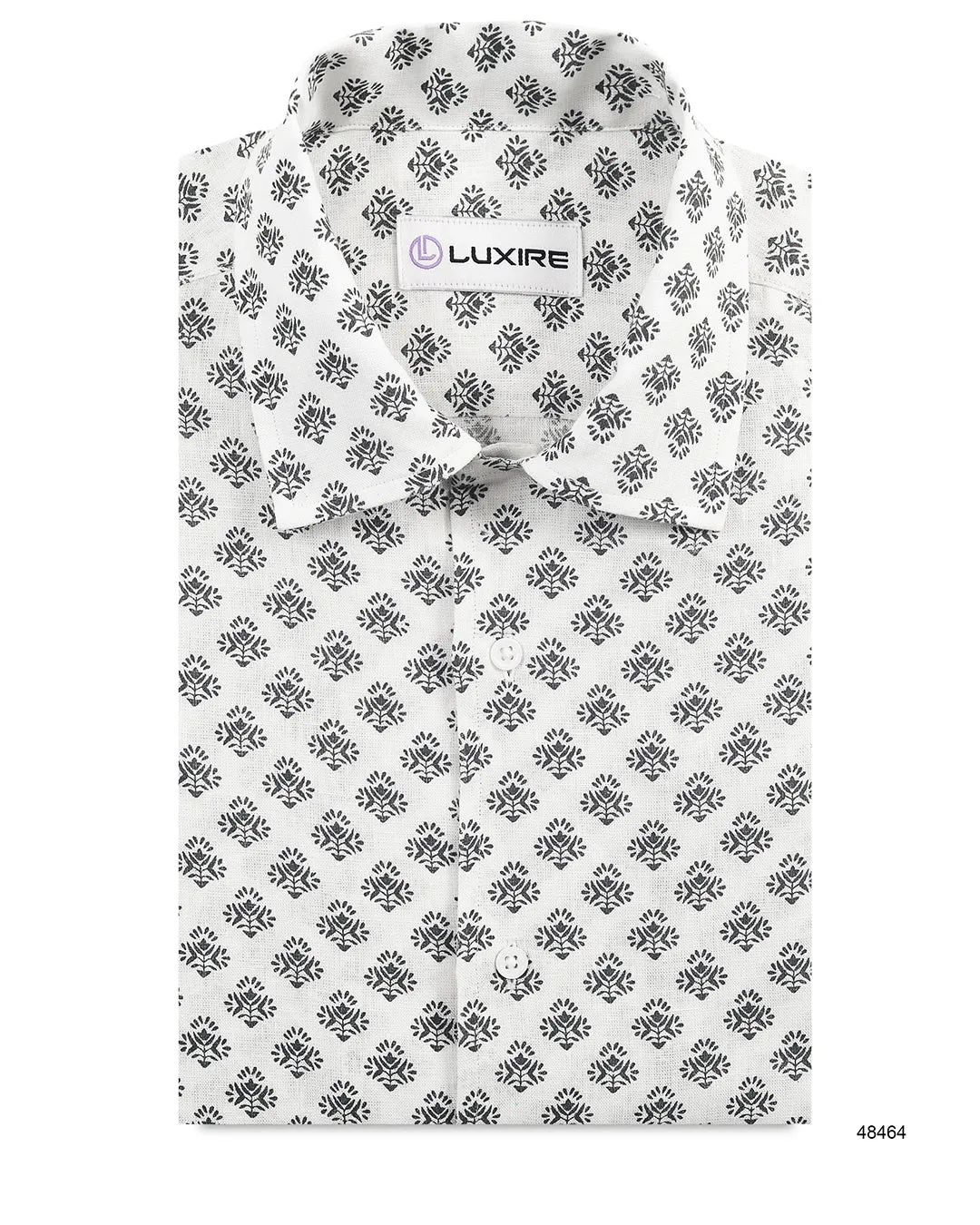 Camp collar PRESET STYLE in Linen:Black Flowers Printed on White Linen