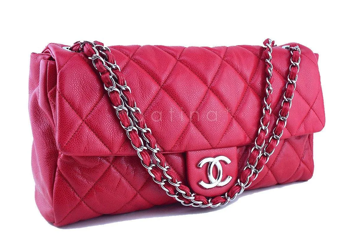 Chanel 15in. Raspberry Red Caviar Maxi Jumbo XL Classic Easy Flap Bag