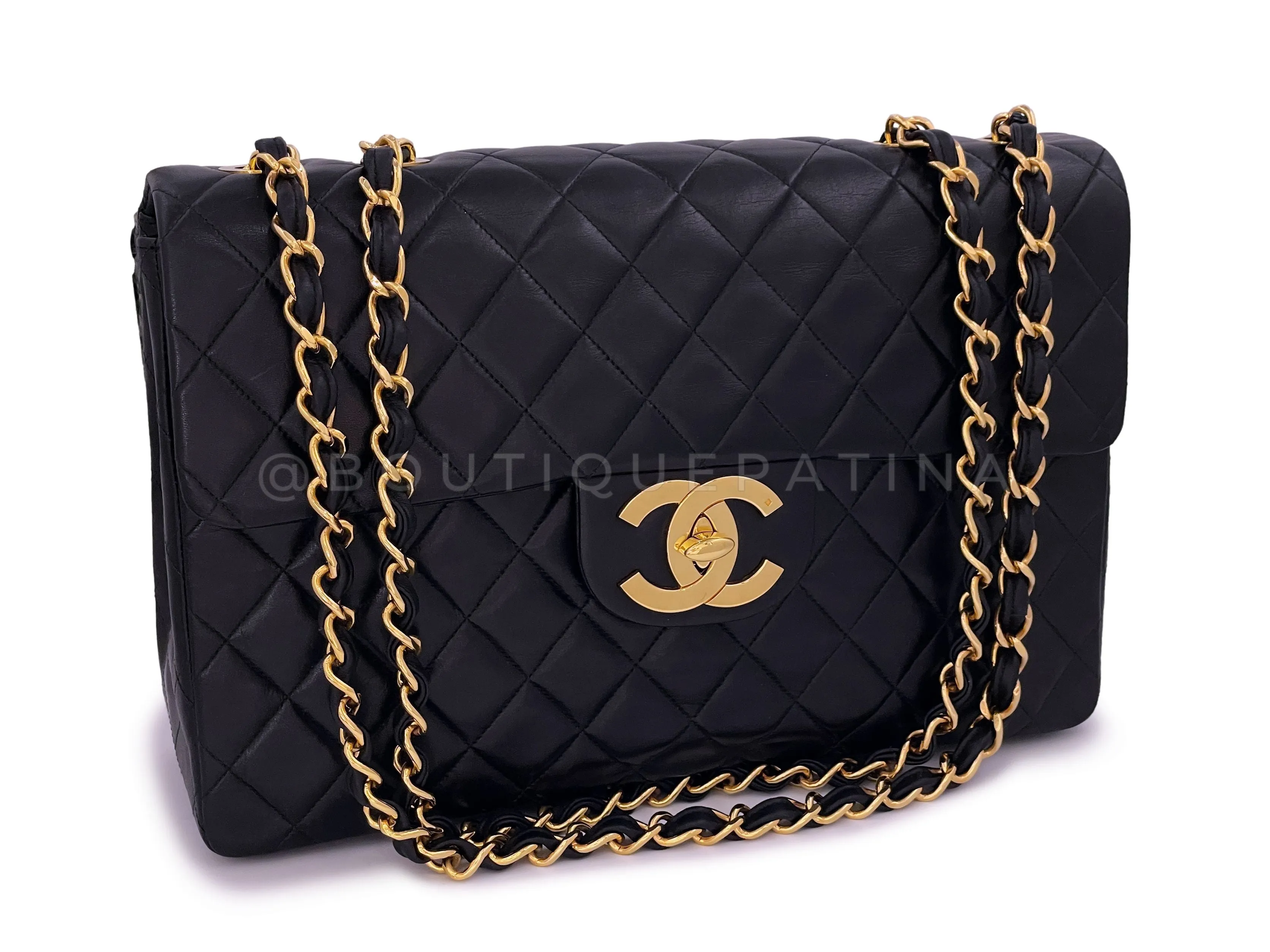 Chanel 1993 Vintage Black Maxi Classic Flap Bag 24k GHW Lambskin "Jumbo XL"