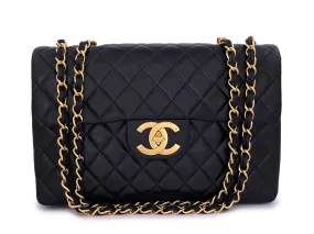 Chanel 1993 Vintage Black Maxi Classic Flap Bag 24k GHW Lambskin "Jumbo XL"