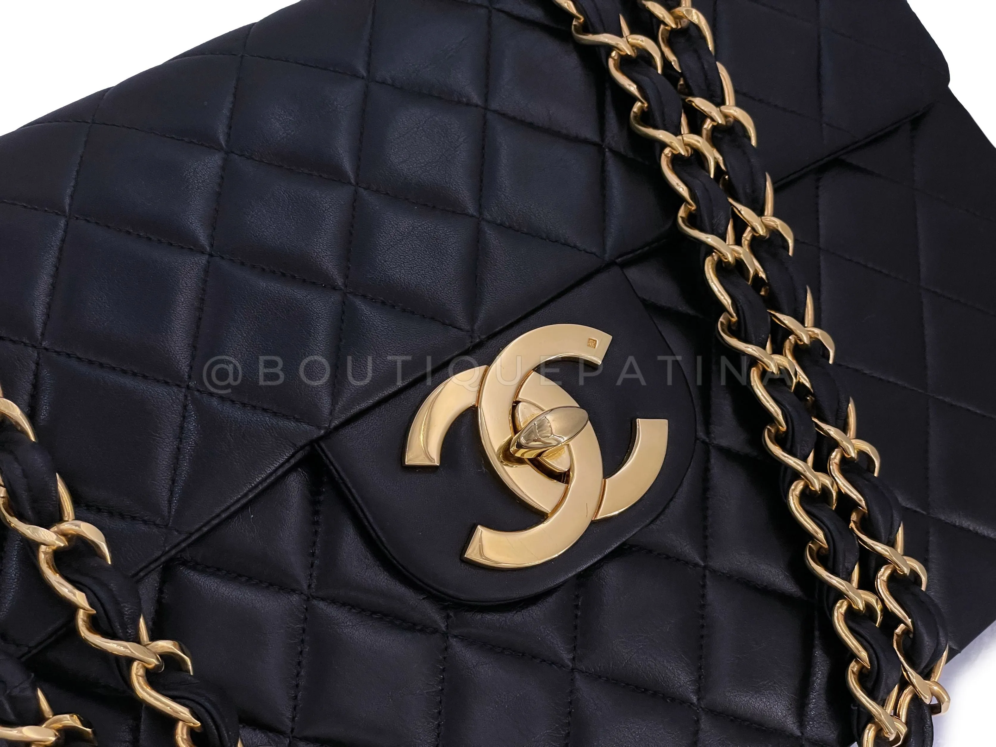 Chanel 1993 Vintage Black Maxi Classic Flap Bag 24k GHW Lambskin "Jumbo XL"