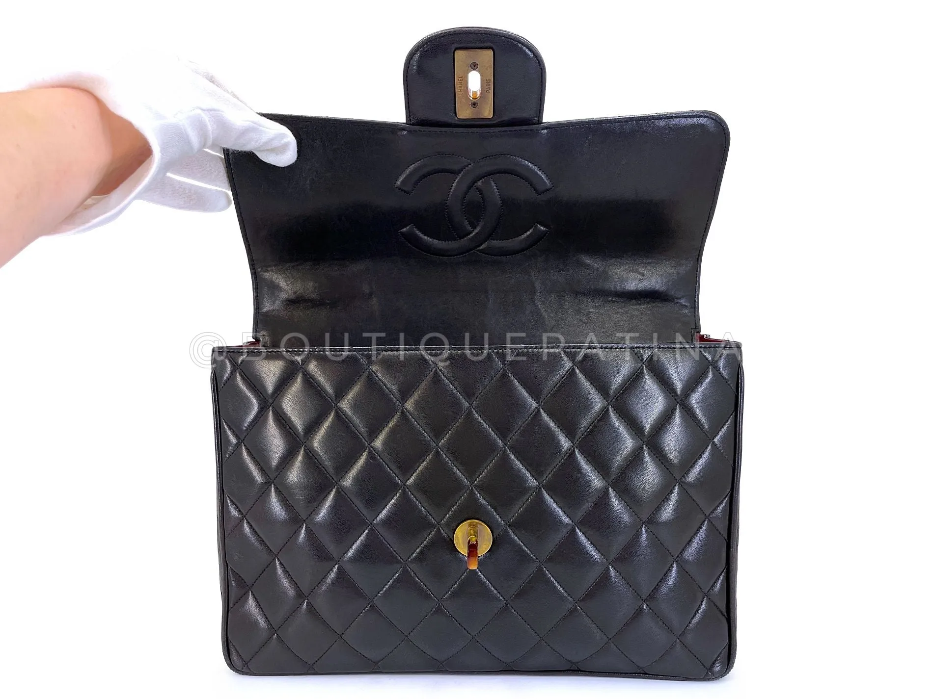 Chanel 1994 Vintage Black Tortoise Jumbo Classic Flap Bag Lambskin H3P