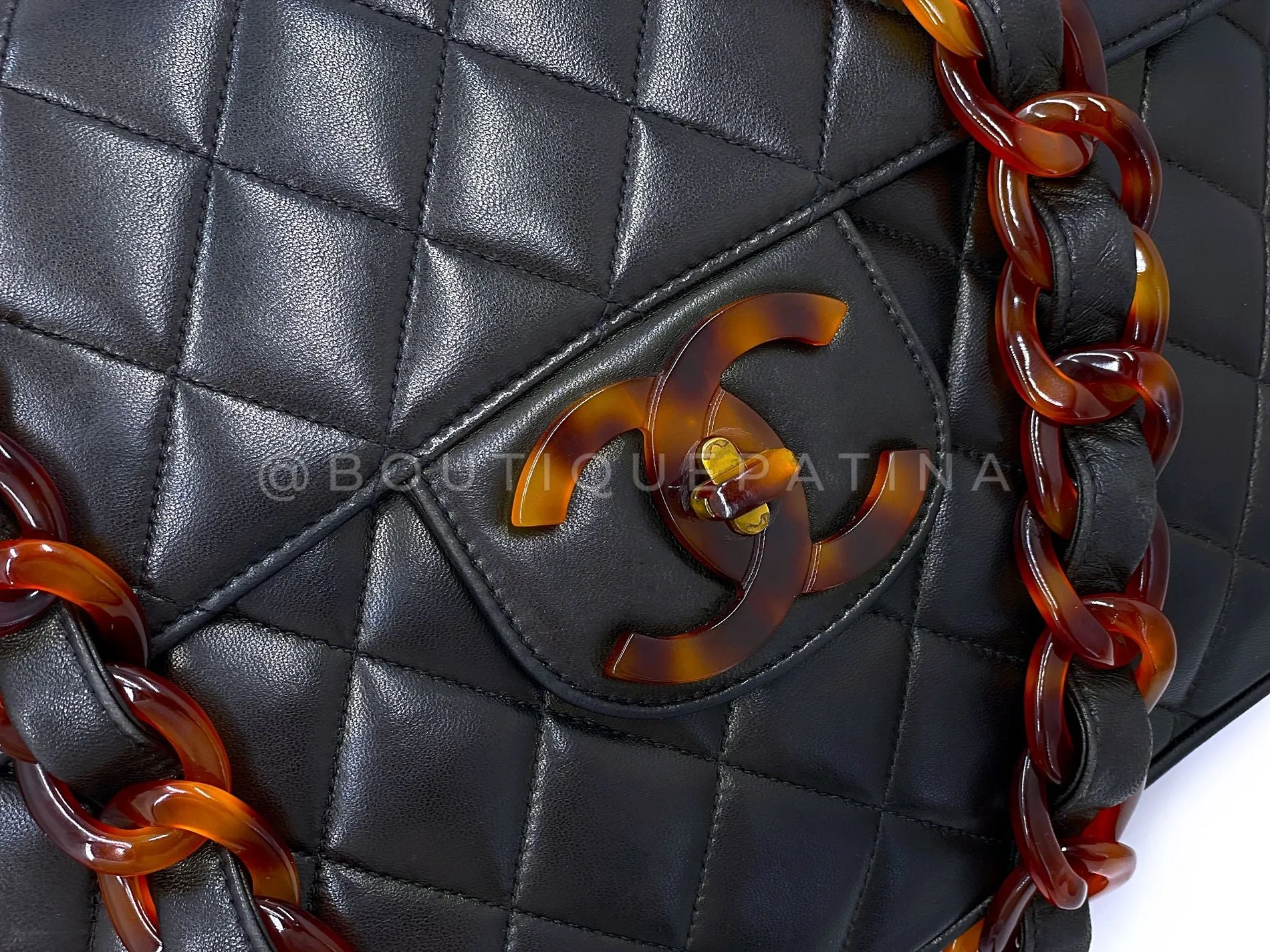 Chanel 1994 Vintage Black Tortoise Jumbo Classic Flap Bag Lambskin H3P