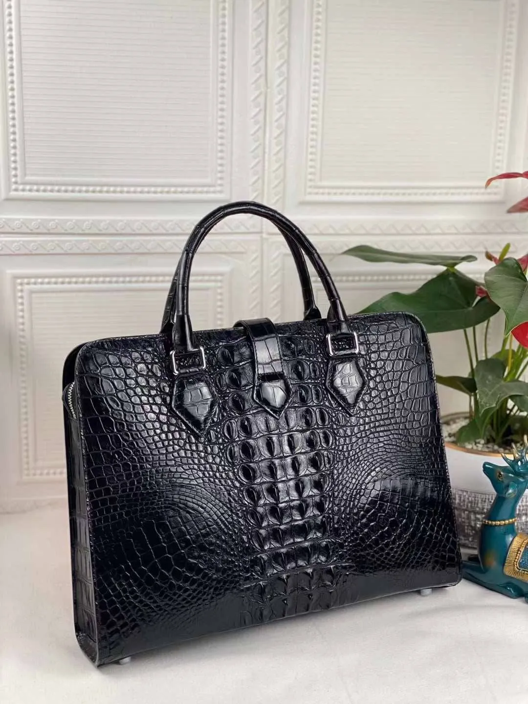 Crocodile Briefcase, Genuine Crocodile Skin Leather Laptop Bag Black