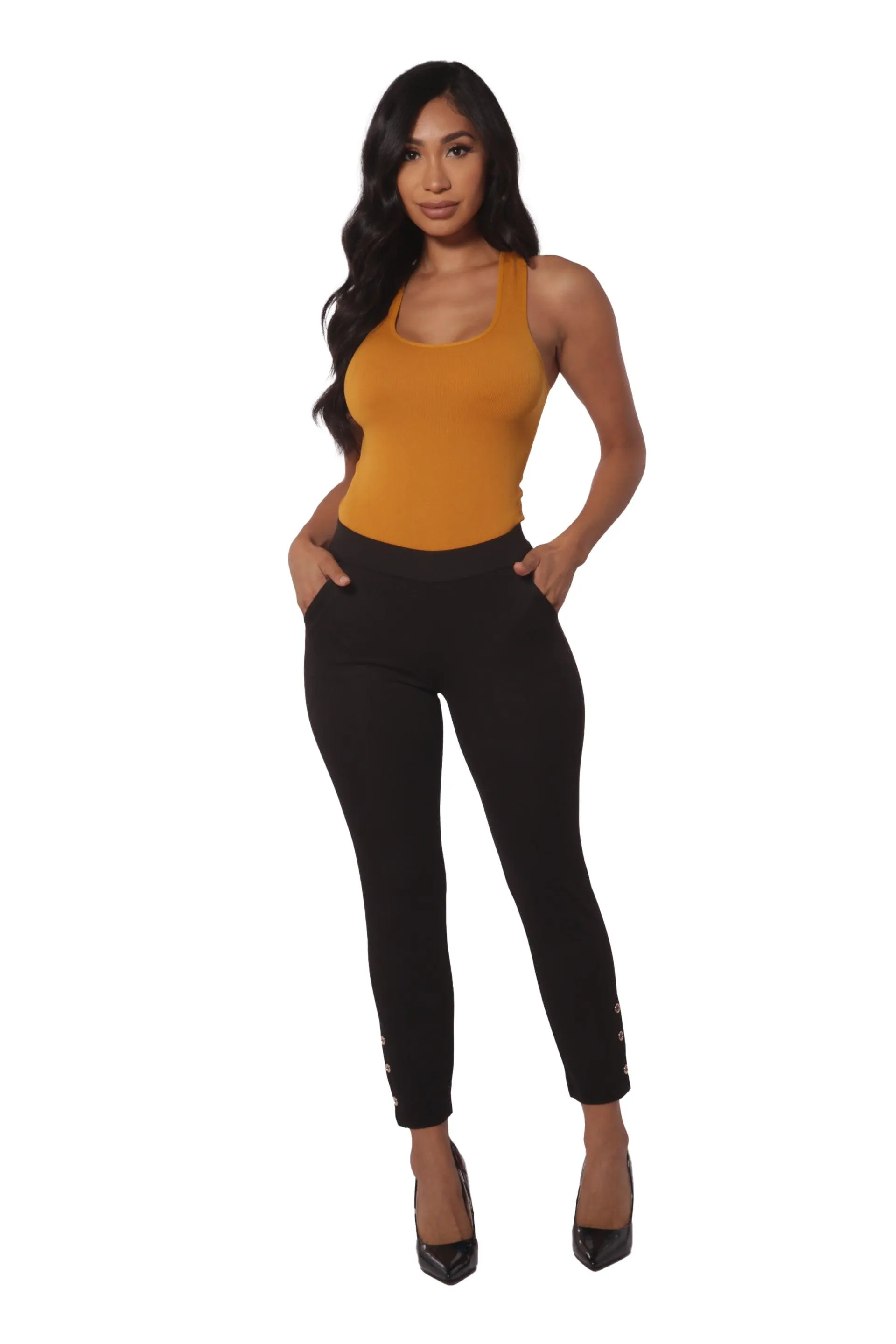 Cropped Pants With Side Ankle Button Detail - Black