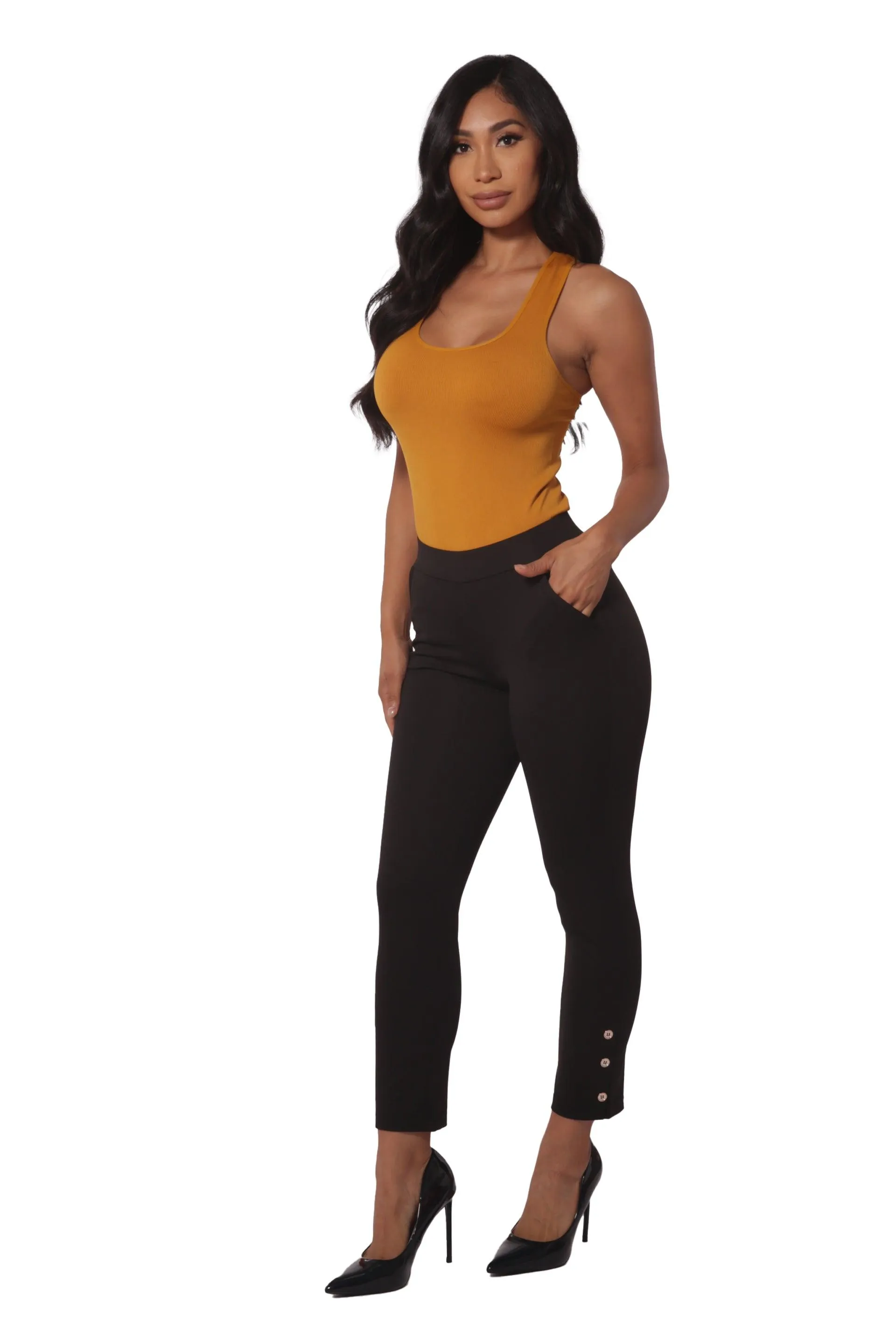 Cropped Pants With Side Ankle Button Detail - Black