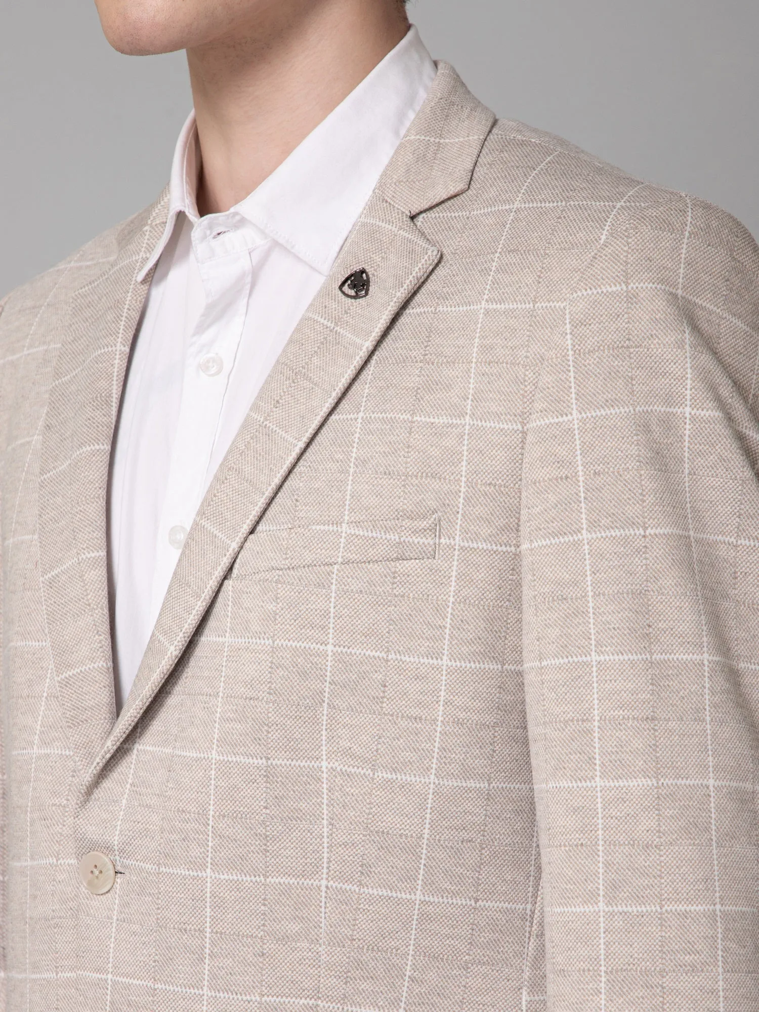 Fawn Checkered Full Sleeves Casual Blazer For Men