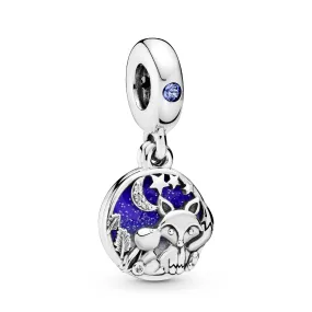 Fox and rabbit sterling silver dangle with moonlight blue crystal, clear cubic zirconia, white, blue and silvery glitter enamel