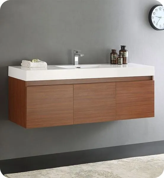 Fresca Mezzo 60 Teak Wall Hung Single Sink Modern Bathroom Cabinet w/ Integrated Sink | FCB8041TK-I