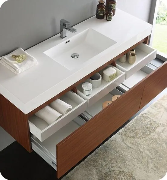 Fresca Mezzo 60 Teak Wall Hung Single Sink Modern Bathroom Cabinet w/ Integrated Sink | FCB8041TK-I