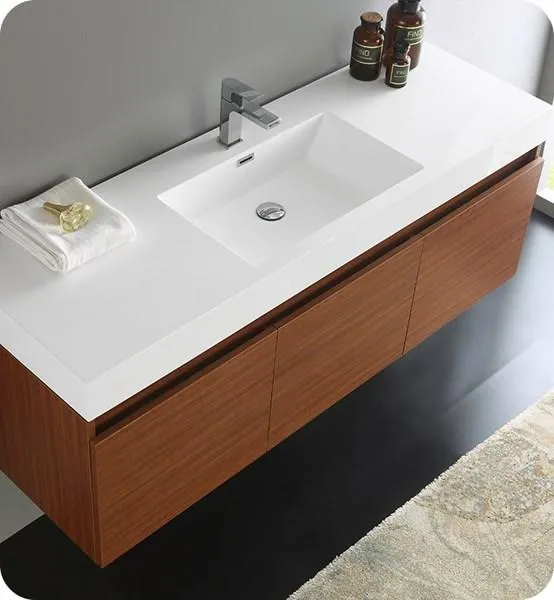 Fresca Mezzo 60 Teak Wall Hung Single Sink Modern Bathroom Cabinet w/ Integrated Sink | FCB8041TK-I