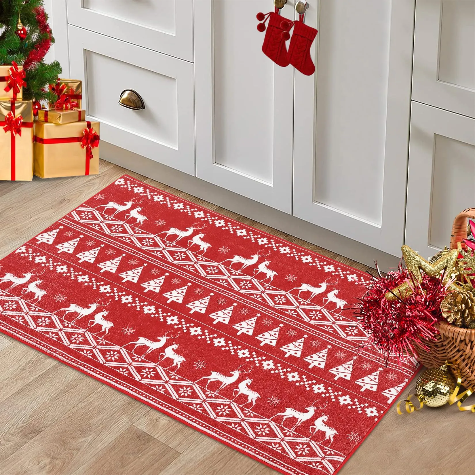 GARVEE 8x10 Christmas Area Rug Christmas Tree and Deer Pattern Boho Floor Cover Machine Washable Indoor Carpet Rug Decorative Non Slip Accent Rug for Kitchen Bathroom Living Room Bedroom