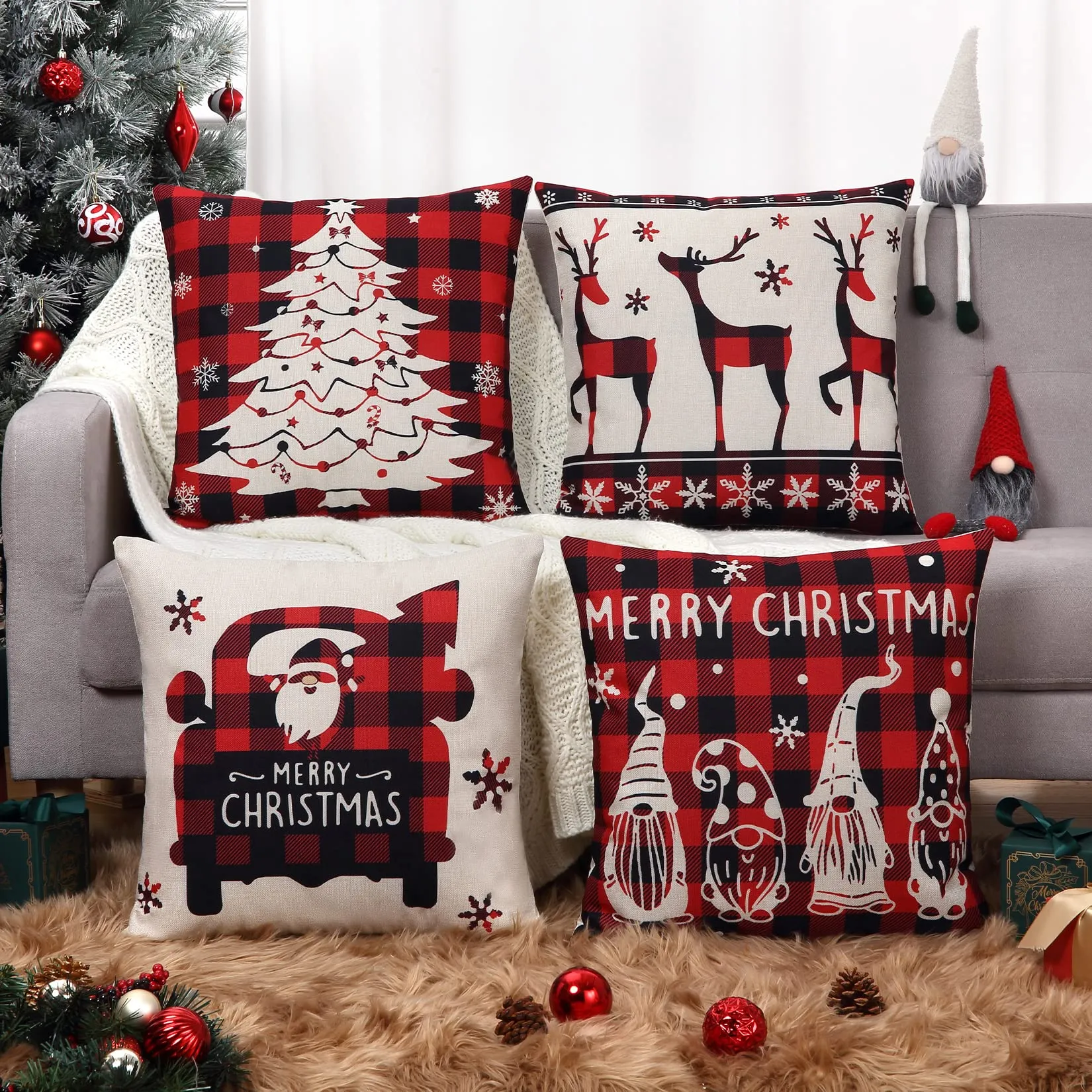 GARVEE Buffalo Plaid Christmas Pillow Covers 18x18 Inch Set of 4 Black and Red Gnomes Throw Pillow Cases Winter Holiday Outdoor Decorations Deer Xmas Tree Santa Claus Cushion Covers for Sofa Couch