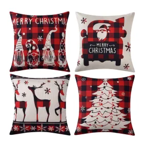 GARVEE Buffalo Plaid Christmas Pillow Covers 18x18 Inch Set of 4 Black and Red Gnomes Throw Pillow Cases Winter Holiday Outdoor Decorations Deer Xmas Tree Santa Claus Cushion Covers for Sofa Couch