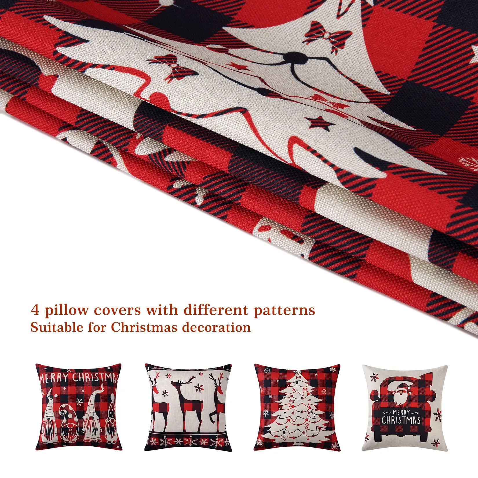 GARVEE Buffalo Plaid Christmas Pillow Covers 18x18 Inch Set of 4 Black and Red Gnomes Throw Pillow Cases Winter Holiday Outdoor Decorations Deer Xmas Tree Santa Claus Cushion Covers for Sofa Couch