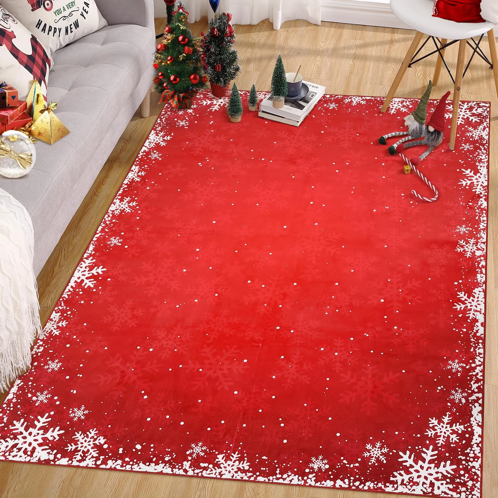 GARVEE Christmas Area Rug 8x10 Washable Living Room Rug Snowflake Area Rugs Christmas Large Decorative Rug Xmas Throw Carpet Washable Non Slip Holiday Rug forBedroom Living Room Farmhouse Room,Red