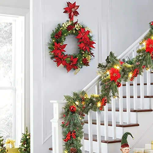 GARVEE Christmas Garland with Lights, Pre-lit Red Garland Decoration with 20 LEDs, Battery Operated Garland with Red Flowers Ball Ornaments Gold Bow, Mantle Fireplace Holiday Party Decoration