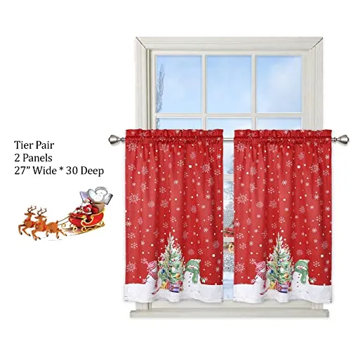 GARVEE Christmas Kitchen Curtain Cafe Curtain 36 Inch Tier Curtains Window Treatment Rod Pocket for Home Decor 2 Panels for Bathroom, Living Room Christmas Decoration