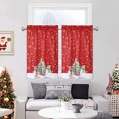 GARVEE Christmas Kitchen Curtain Cafe Curtain 36 Inch Tier Curtains Window Treatment Rod Pocket for Home Decor 2 Panels for Bathroom, Living Room Christmas Decoration