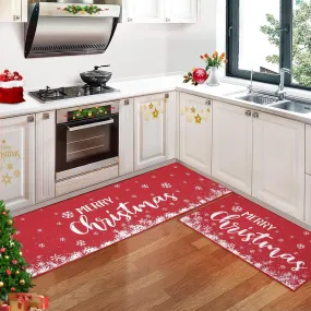 GARVEE Christmas Kitchen Rug Sets Holiday Merry Christmas and Snowflake Kitchen Mat 2 Pieces Non-Slip Doormat Area Runner Rug Set Floor Mat for Home Decoration, 17x29 17x47