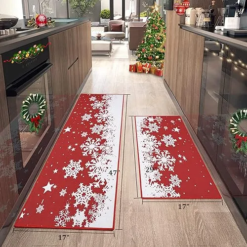 GARVEE Christmas Kitchen Rug Sets Xmas Holiday Christmas Snowflake Kitchen Mat Sets 2 Pieces Non-Slip Doormat Area Runner Rug Set Floor Mat for Home Decoration, 17x29 17x47