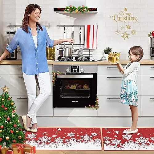 GARVEE Christmas Kitchen Rug Sets Xmas Holiday Christmas Snowflake Kitchen Mat Sets 2 Pieces Non-Slip Doormat Area Runner Rug Set Floor Mat for Home Decoration, 17x29 17x47