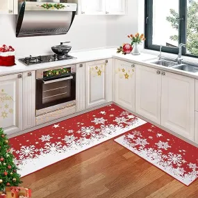 GARVEE Christmas Kitchen Rug Sets Xmas Holiday Christmas Snowflake Kitchen Mat Sets 2 Pieces Non-Slip Doormat Area Runner Rug Set Floor Mat for Home Decoration, 17x29 17x47