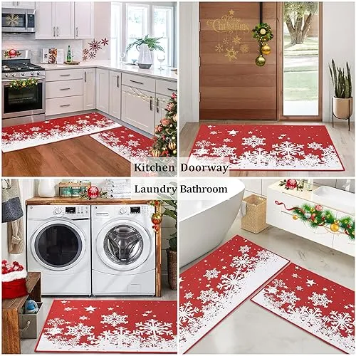 GARVEE Christmas Kitchen Rug Sets Xmas Holiday Christmas Snowflake Kitchen Mat Sets 2 Pieces Non-Slip Doormat Area Runner Rug Set Floor Mat for Home Decoration, 17x29 17x47