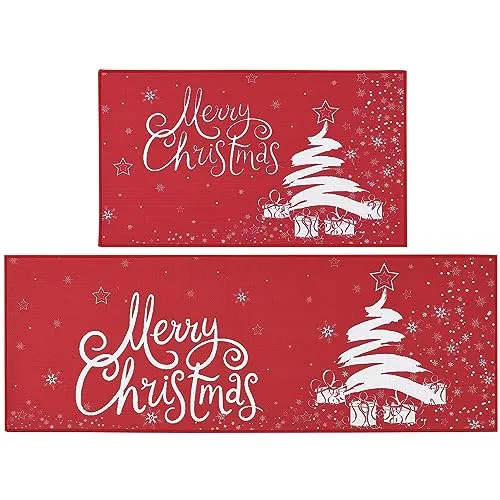 GARVEE Christmas Kitchen Rug Xmas Holiday Christmas Tree Snowflake and Gift Kitchen Mat Sets 2 Pieces Non-Slip Doormat Area Runner Rug Set Floor Mat for Home Decoration, 17x29 17x47