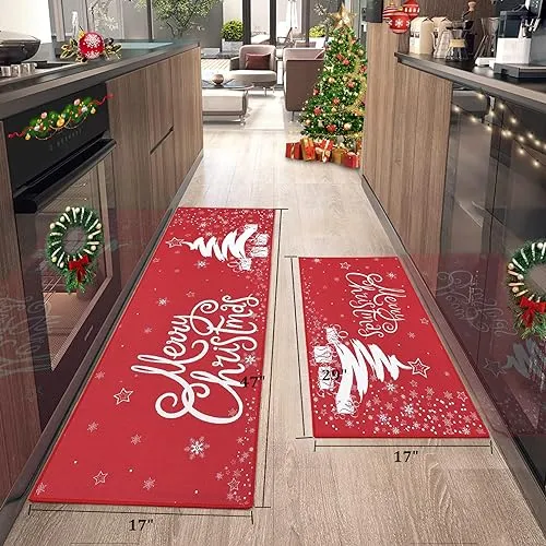 GARVEE Christmas Kitchen Rug Xmas Holiday Christmas Tree Snowflake and Gift Kitchen Mat Sets 2 Pieces Non-Slip Doormat Area Runner Rug Set Floor Mat for Home Decoration, 17x29 17x47