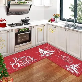 GARVEE Christmas Kitchen Rug Xmas Holiday Christmas Tree Snowflake and Gift Kitchen Mat Sets 2 Pieces Non-Slip Doormat Area Runner Rug Set Floor Mat for Home Decoration, 17x29 17x47