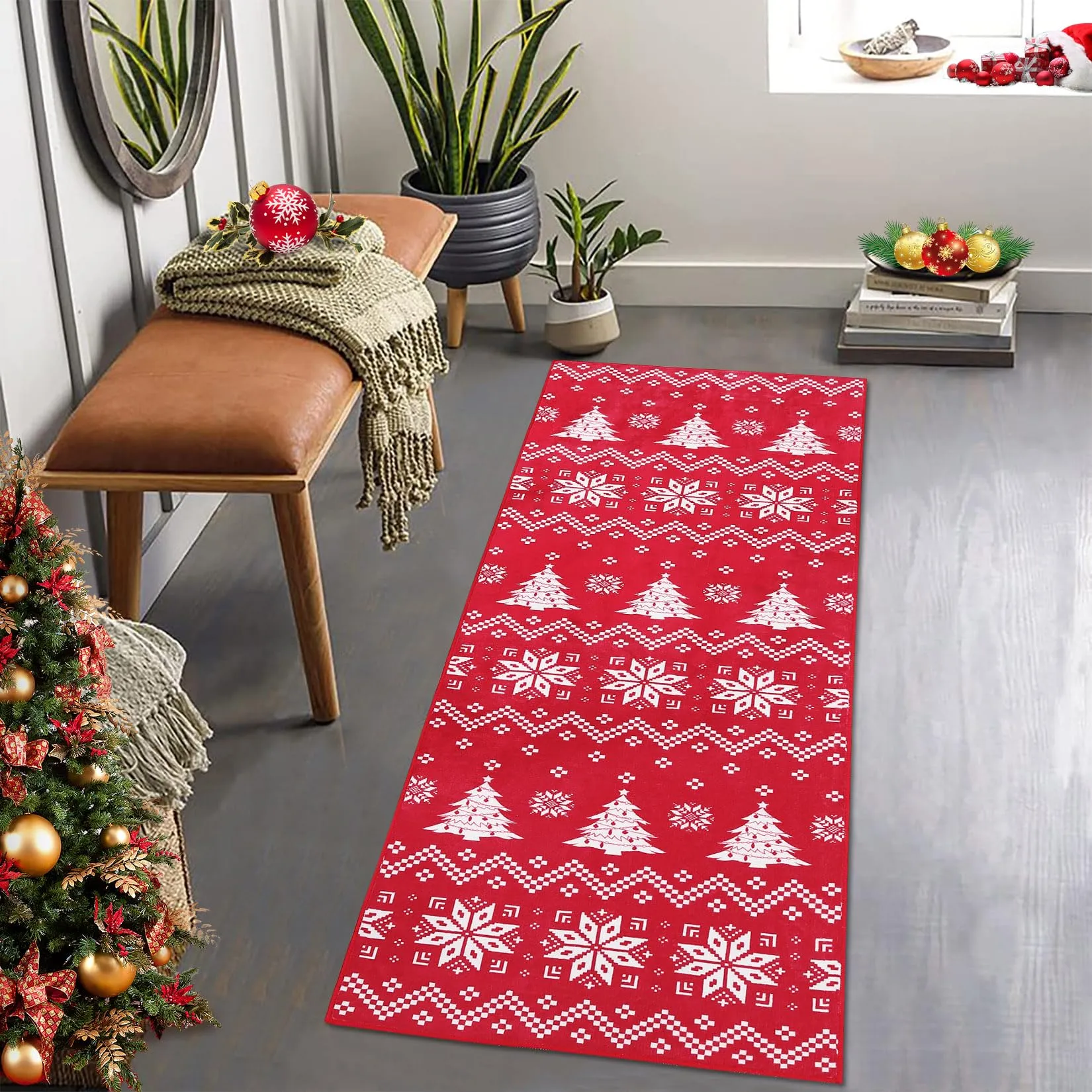 GARVEE Christmas Runner Rug Snowflake Xmas Tree Boho Hallway Area Rug, Machine Washable, Non-Slip, Polyester, 2x6 Feet, Festive Decor