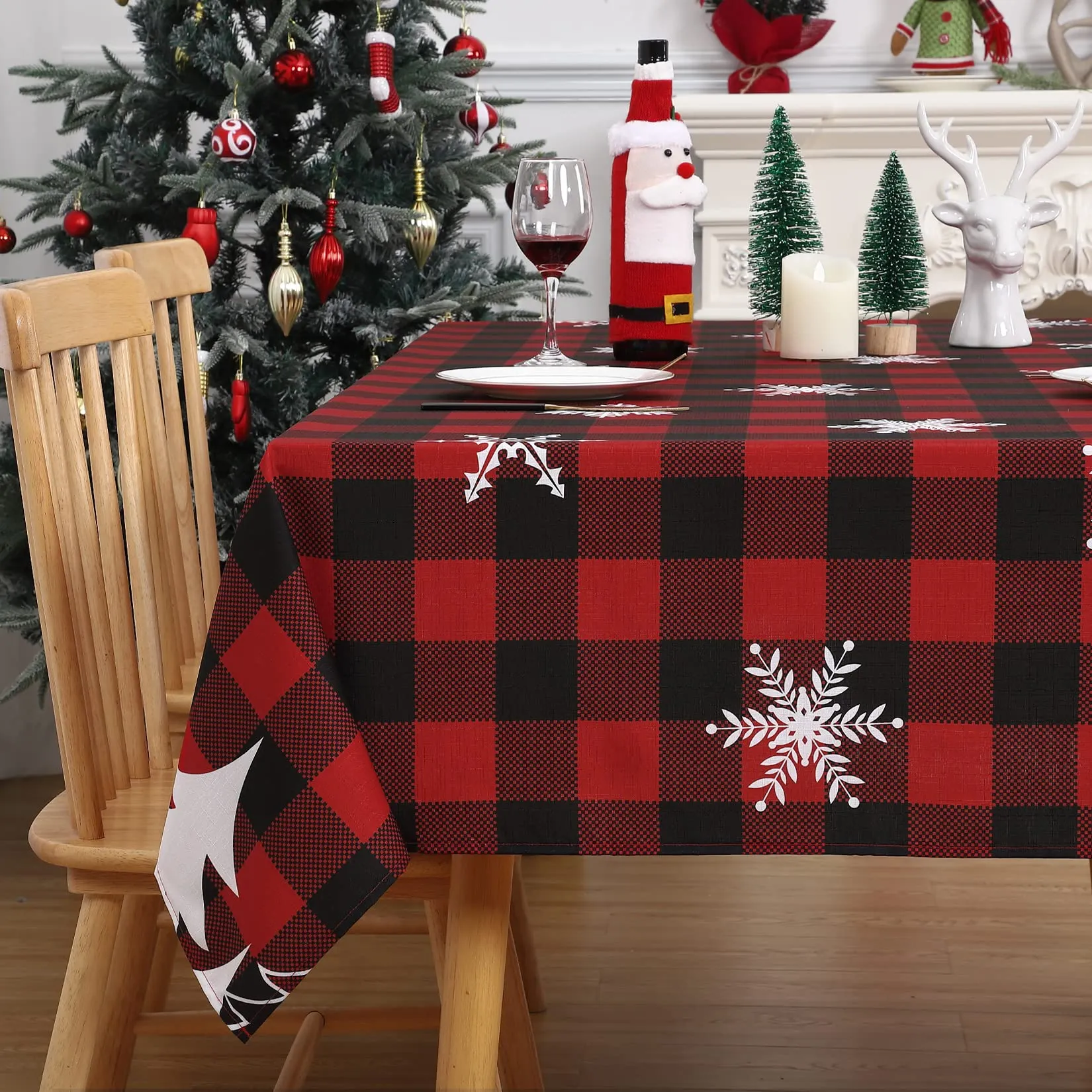 GARVEE Christmas Square Tablecloth 52x52 Inch Plaid Snowflake Xmas Tree Waterproof HolidayDecorationTablecloth Reusable Table Cover for Outdoor, Indoor Party Kitchen Dining Room