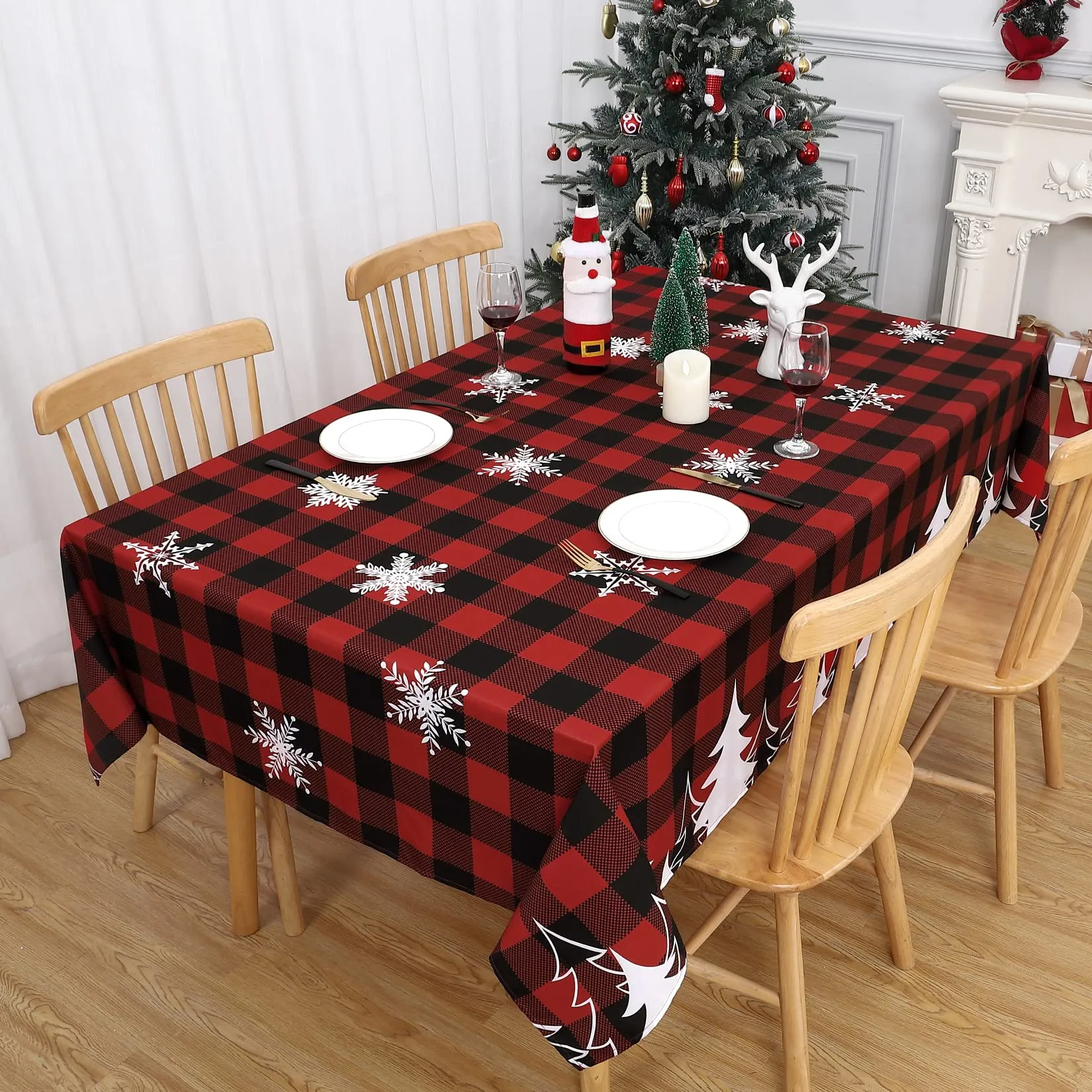 GARVEE Christmas Square Tablecloth 52x52 Inch Plaid Snowflake Xmas Tree Waterproof HolidayDecorationTablecloth Reusable Table Cover for Outdoor, Indoor Party Kitchen Dining Room