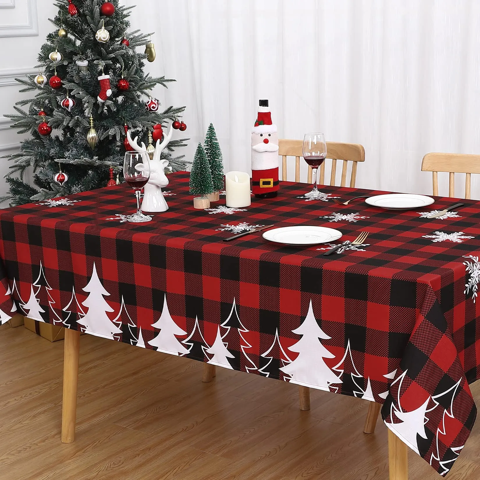 GARVEE Christmas Square Tablecloth 52x52 Inch Plaid Snowflake Xmas Tree Waterproof HolidayDecorationTablecloth Reusable Table Cover for Outdoor, Indoor Party Kitchen Dining Room