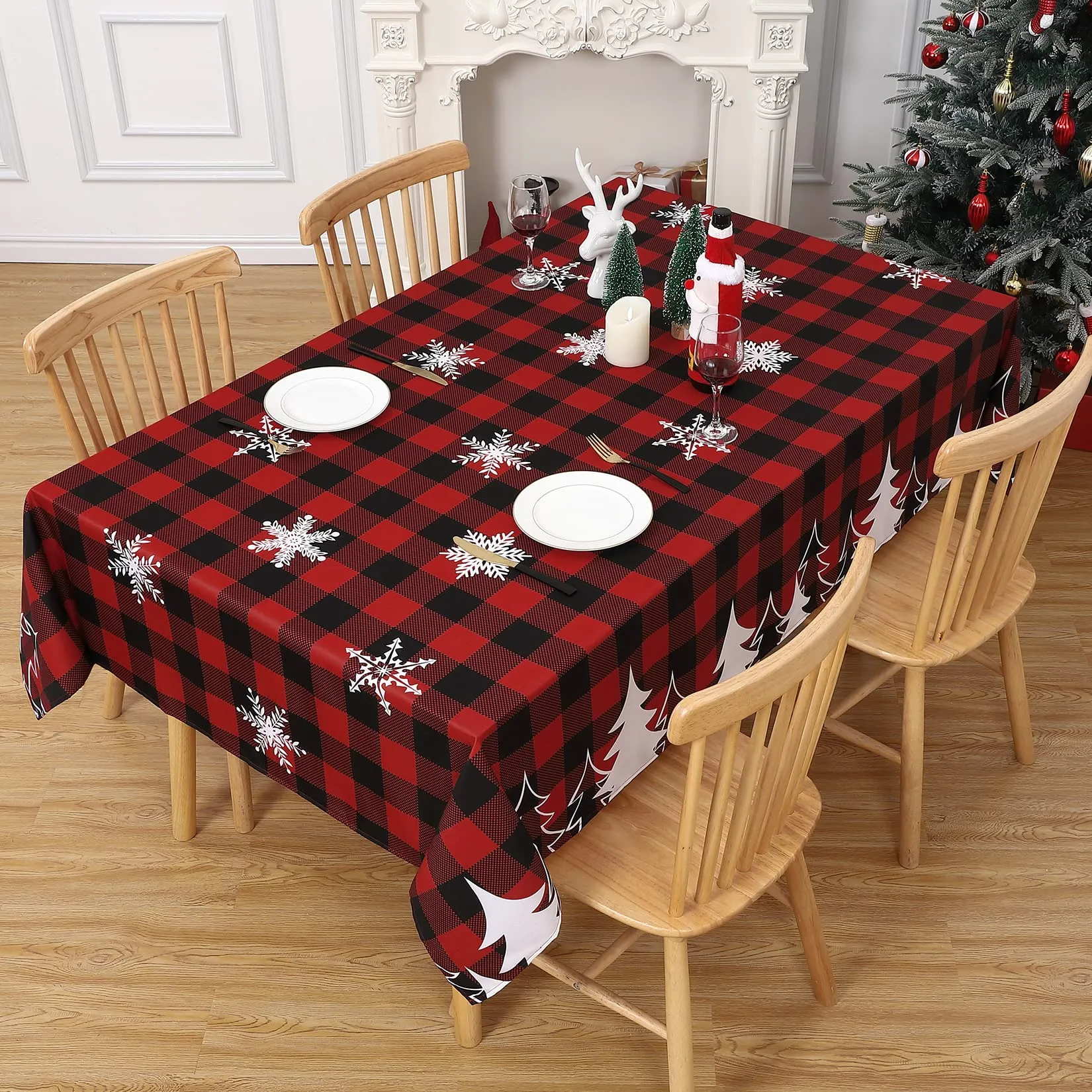 GARVEE Christmas Square Tablecloth 52x52 Inch Plaid Snowflake Xmas Tree Waterproof HolidayDecorationTablecloth Reusable Table Cover for Outdoor, Indoor Party Kitchen Dining Room