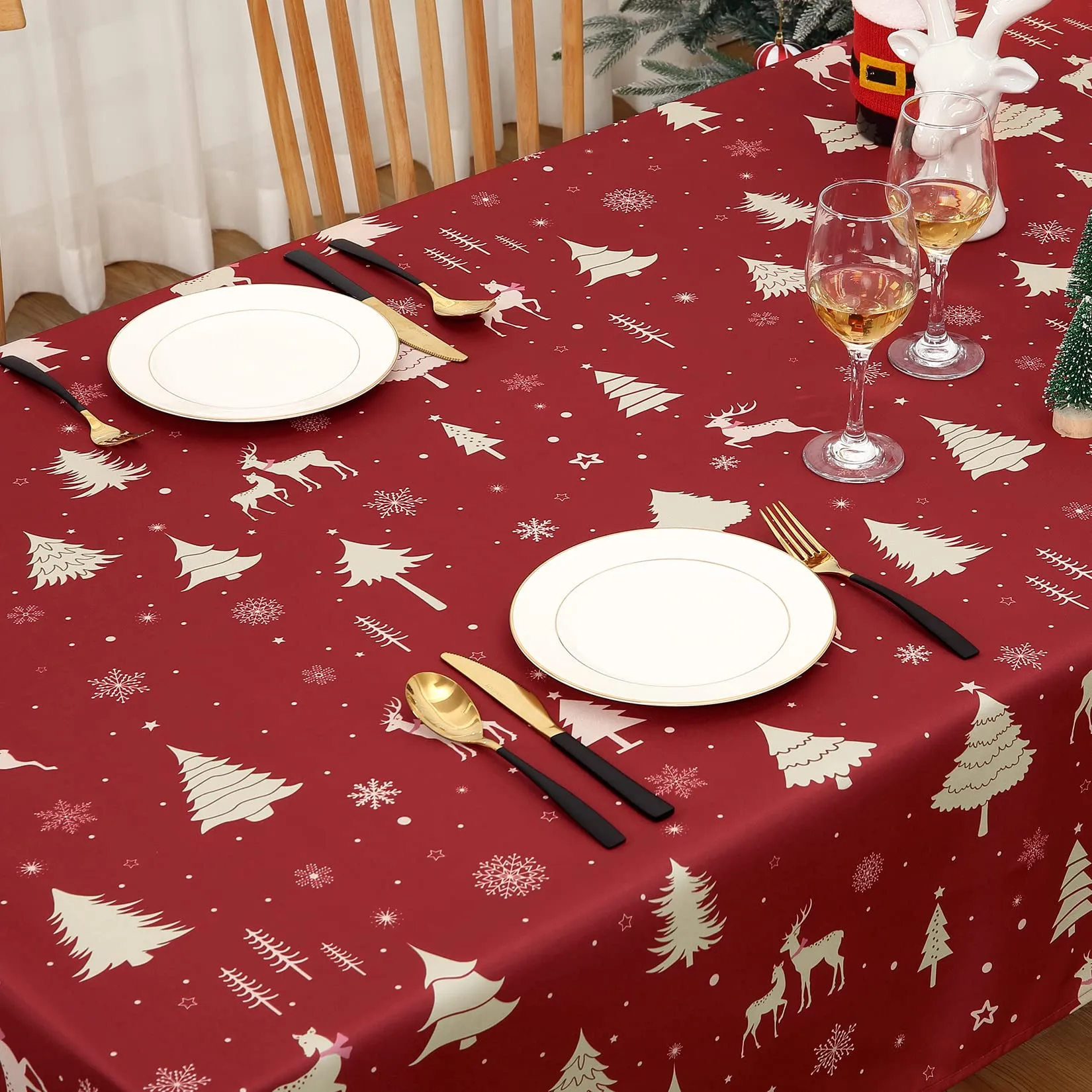 GARVEE Christmas Table Cloth Rectangle 60x84 Inch, Waterproof Holiday Xmas Deer Tree Kitchen Farmhouse Christmas Table Decorations for Home Dining Party, Oblong Table Cloth for Indoor Outdoor, Gold